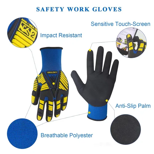 Vista 2 de 3 pares de guantes de trabajo, guantes resistentes a los impactos con goma para hombres y mujeres, guantes de nitrilo resistentes a cortes, guantes