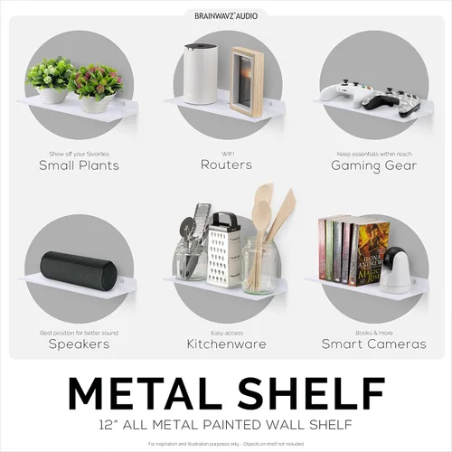 Vista 8 de BRAINWAVZ Paquete de 2 estantes flotantes de pared de metal de 12 pulgadas para libros, organizador, altavoces, plantas, cámaras, libros, exhibición