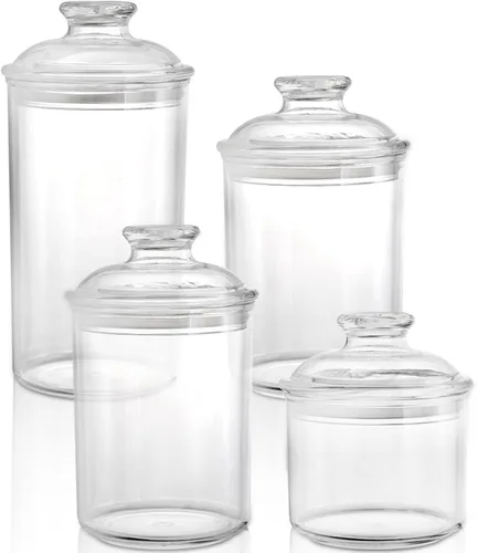 Vista 5 de Paquete de 4 tarros de plástico transparente para boticario, recipientes de almacenamiento de plástico con tapa hermética, soporte de bolas