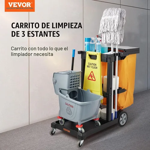 Vista 2 de VEVOR Carrito de limpieza, carrito de limpieza comercial de 3 estantes, carrito de plástico de limpieza de 200 libras de capacidad, con bolsa de PVC