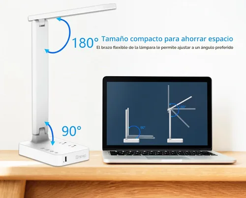 Vista 6 de Drevet Lámpara de escritorio LED, luz de escritorio con 1 puerto de carga USB y 2 tomas de corriente alterna, 3 modos de iluminación, 3 niveles