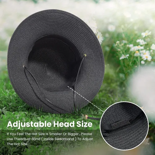 Vista 3 de Simplicity UPF 50+ sombrero de paja con visera ancha para el sol, trenzado, con cordón, para mujer.