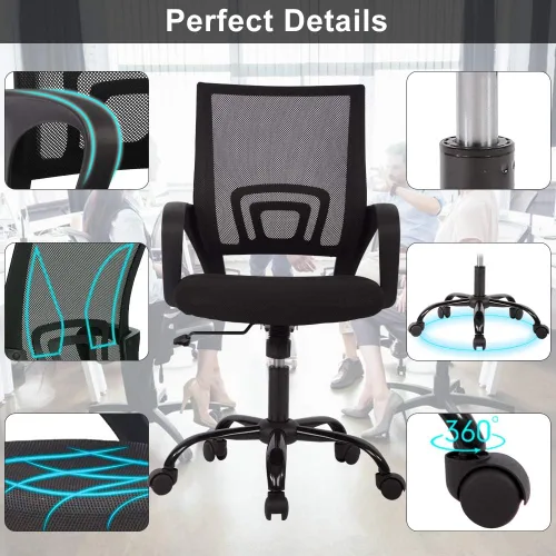 Vista 5 de Silla de escritorio para computadora, ergonómica, respaldo medio, silla de malla con soporte lumbar y reposabrazos, moderna, altura ajustable Negro