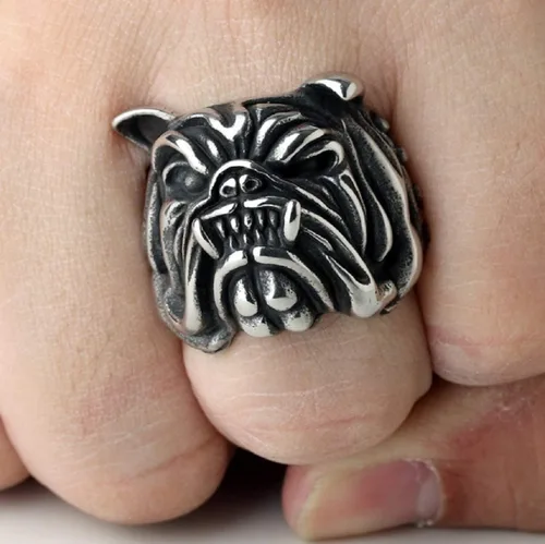 Vista 4 de Anillo de Bulldog para hombres, estilo gótico vintage de Pitbull Bull Dog Pug Dog Head Biker Anillo, Vikingo Animal Anillos Joyería para los amantes