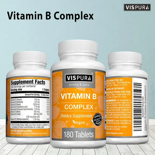 Vista 7 de Complejo de vitamina B, 180 tabletas veganas, todas las vitaminas B, incluyendo B12, B1, B2, B3, B5, B6, B7, B9, ácido fólico, para el estrés