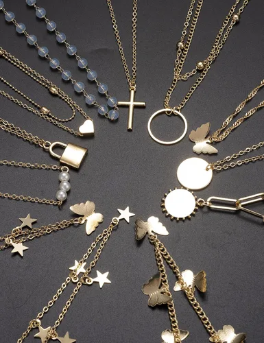 Vista 6 de Juego de 12 piezas con cadena de oro, collar de cuentas de moneda, luna, estrella, dije de perla, gargantilla de cadena multicapa, de piel, tono