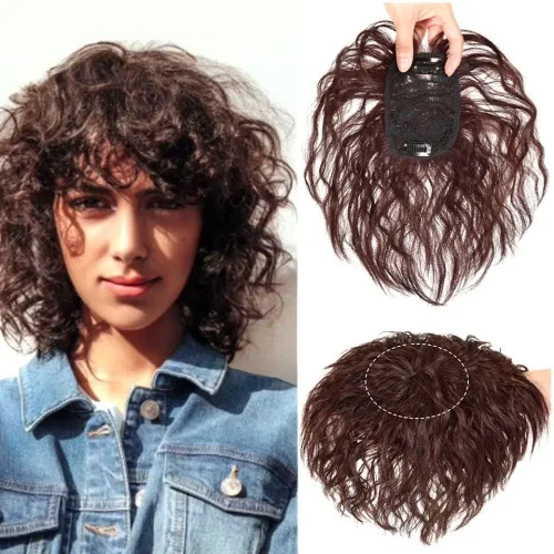 Vista 6 de Jowxsx 2 clips, piezas de peluca marrón claro para la parte superior de la cabeza, repuesto de la parte superior del cabello rizado, postizo