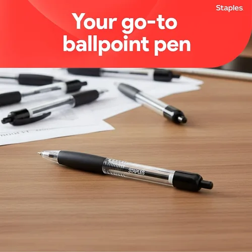 Vista 8 de STAPLES Bolígrafos retráctiles de punta media de 1.0 mm, tinta negra, paquete de 12 – Bolígrafos cómodos y de escritura suave para uso diario
