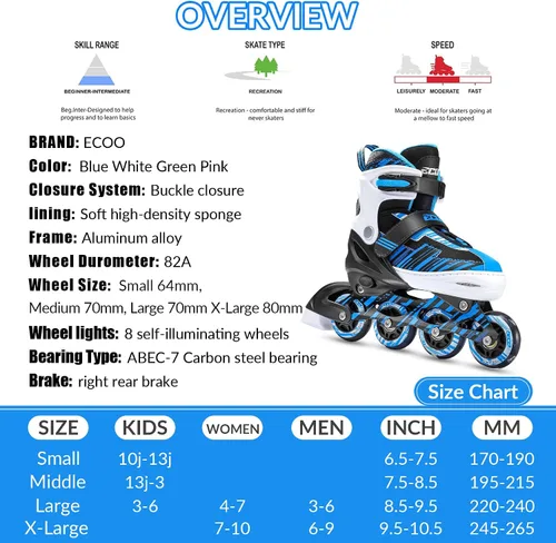 Vista 7 de Patines en línea ajustables para niños y niñas de 5-8 y 8-12 años con ruedas iluminadas, patines para niños de 4-12 años, patines para adolescentes