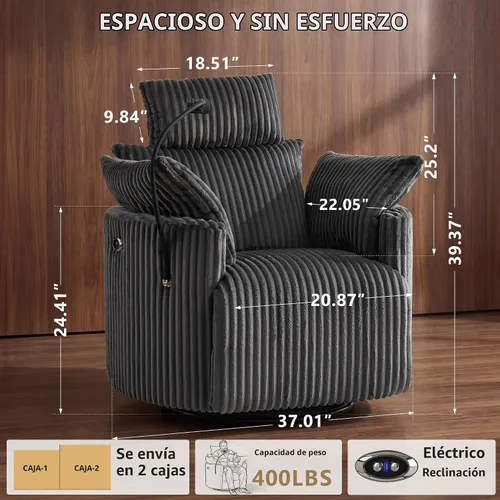 Vista 2 de Silla reclinable eléctrica de pana con USB y reposacabezas ajustable, color Corduroy-gris-eléctrico