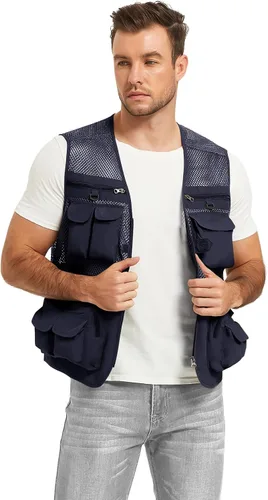 Vista 9 de Chaleco Flygo para hombre, para pesca, trabajo, safari, viaje de reportajes o para actividades al aire libre en verano, con bolsillos