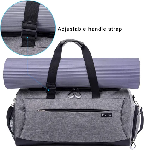 Vista 7 de Kuston Bolsa de gimnasio deportiva con compartimento para zapatos y bolsillo húmedo, bolsa de lona para gimnasio para hombres y mujeres, Gris