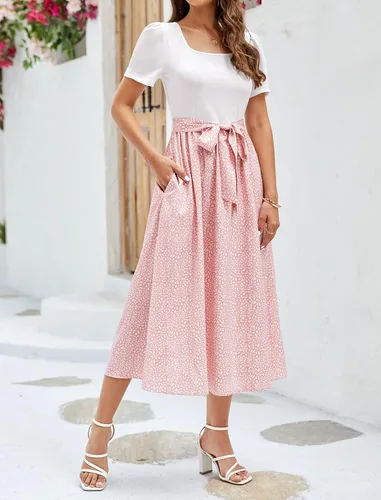 Vista 3 de Vestido midi para mujer 2024 con cuello cuadrado, manga corta, casual, acanalado, profesor, iglesia, modesto, trajes de trabajo de negocios