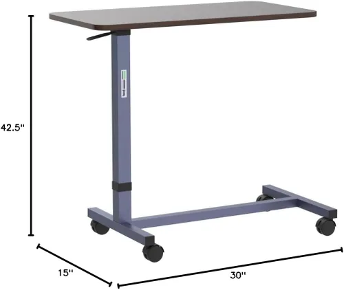 Vista 3 de Essential Medical Supply Mesa automática de altura ajustable para colocar sobre la cama, parte superior de madera con ruedas de bloqueo, perfecta