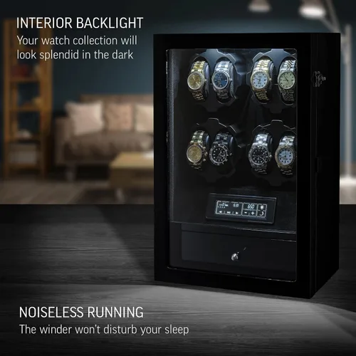 Vista 3 de Bobinadora de 8 relojes con retroiluminación LED y 5 cajones de almacenamiento para relojes