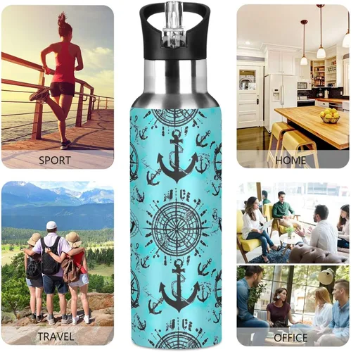 Vista 5 de BPA-Free Sport Water Bottle 32 Oz, Insulated Water Bottle for Gym Outdoor Travel School, Nautical Anchors Teal Black