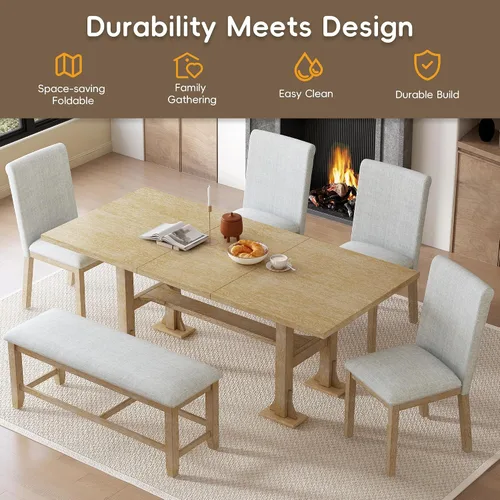 Vista 6 de Juego de mesa de comedor extensible de 6 piezas, juego de mesa de comedor para 6 personas con caballete de banco, juego de mesa de cocina con 4