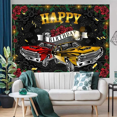 Vista 7 de Telón de fondo retro para automóvil de 9 x 6 pies para fiesta de cumpleaños, fiesta temática de los años 50, suministros de decoración de fiesta