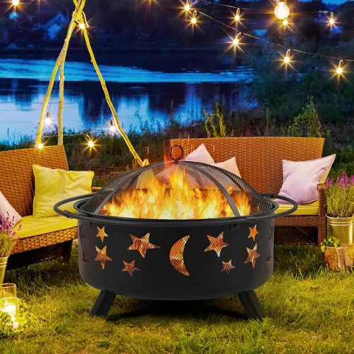 Vista 2 de Yaheetech Hoguera de 30 pulgadas para chimenea exterior de leña al aire libre con pantalla de chispas, póquer para hoguera, patio, jardín, picnic
