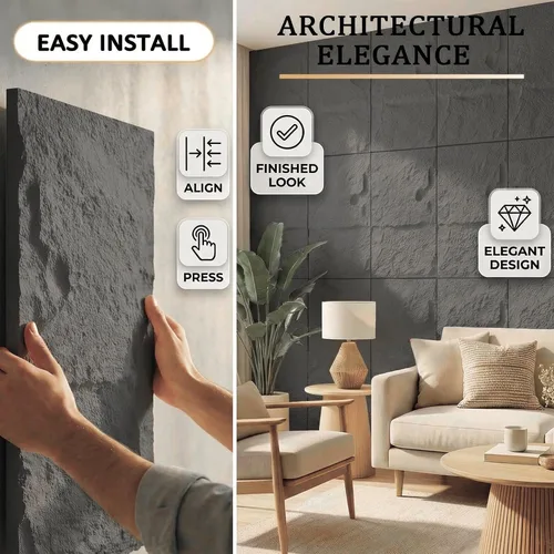 Vista 4 de Paneles de pared de piedra sintética 3D, 4 paneles de revestimiento de poliuretano para decoración de pared interior, textura de cemento más gruesa