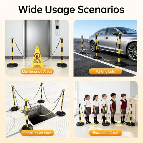 Vista 6 de 6 piezas de conos de tráfico con base rellenable de polietileno amarillo, poste de estacionamiento portátil con cadenas de 6.6 pulgadas, conos