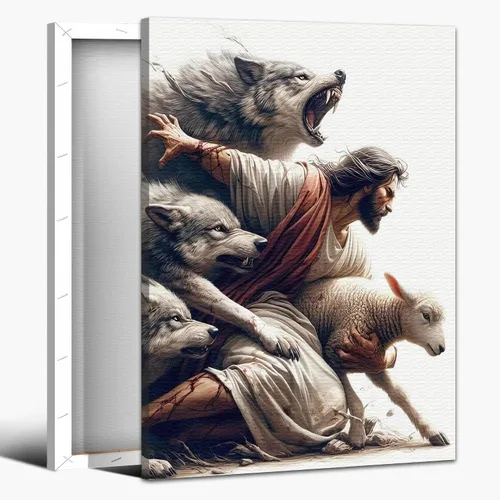 Vista 41 de Arte de pared en lienzo de Jesús y Cordero, Arte de pared en lienzo de Jesús abrazando a un cordero fangoso, Arte de pared cristiano para decoración