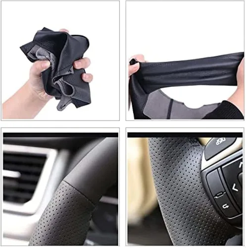 Vista 2 de Black Leather Car Steering Wheel Cover,for Nissan Qashqai X-Trail for Nissan NV200 Rogue,Hand-Stitched Car Steering Wheel Cover