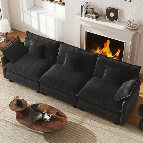 Vista 21 de Sofá de nube en forma de L de 77 pulgadas, sofá modular con otomana, cómodo sofá biplaza de felpilla con almohada para sala de estar, dormitorio