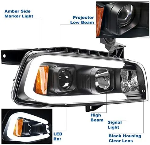 Vista 2 de Faros delanteros con proyector de tubo LED, color negro, compatible con Dodge Charger 2006-2010