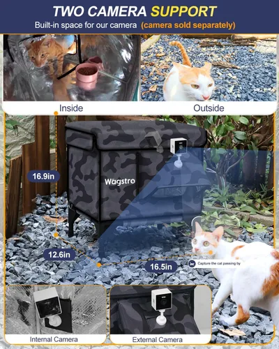 Vista 6 de Casa climatizada para gatos para exteriores, casa aislada a la intemperie para gatos al aire libre con aleros impermeables y puerta de escape
