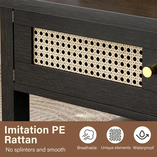 Vista 4 de LVB - Mesa de café de ratán, mesa de sala de estilo boho con almacenamiento, mesa de té de cóctel moderna ovalada de 2 niveles con puertas y estante