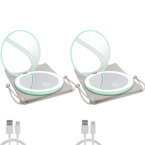 Vista 10 de Espejo compacto con luz LED, espejo recargable con aumento 1x/10x, 3.5 pulgadas, espejo de viaje regulable para bolso, bolsillo, espejo de Negro