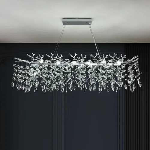 Vista 27 de Candelabro rectangular con ramas de árbol de cristal, L40 pulgadas, Mpdern de lujo cromado lineal Art Deco con forma de gota de lluvia para cocina