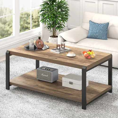 Vista 11 de EXCEFUR Mesa de café negra, mesa central moderna de madera rústica para sala de estar, mesa de té industrial rectangular de cóctel con estante