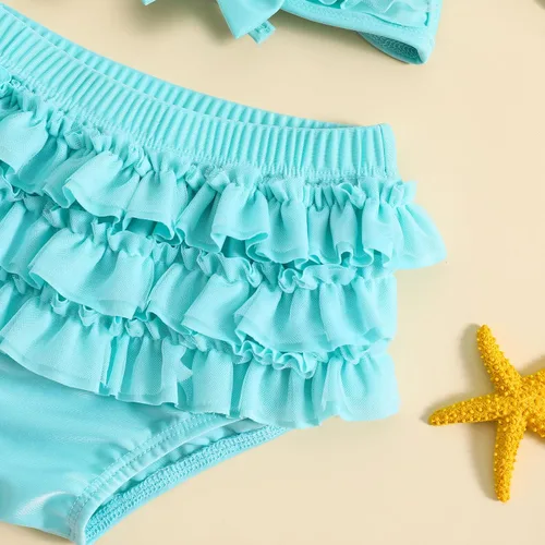 Vista 5 de Yccutest Traje de baño de flores para bebé, 3 piezas, parte superior triangular, parte inferior con volantes, sombrero para el sol, conjunto