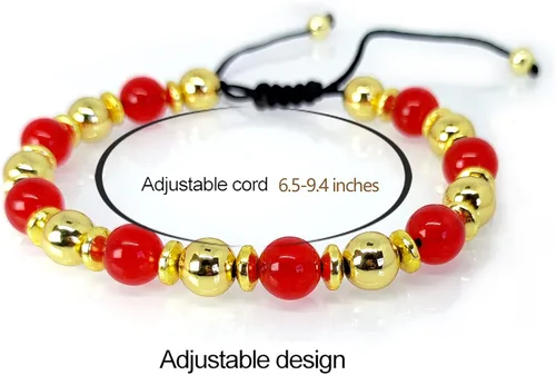 Vista 5 de Pulsera de triple protección trae felicidad, buena suerte, relación de protección para amigos, familia, ónix rojo, dorado, pulsera de hematita