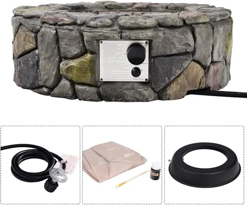 Vista 6 de Happygrill Fogata de gas propano para exteriores, patio trasero, fogata de piedra artificial, quemador de gas con cubierta