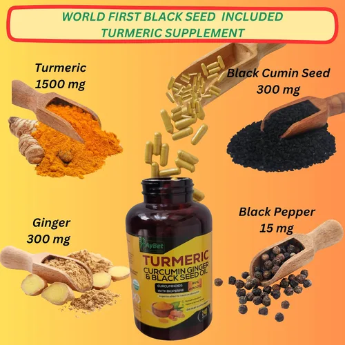 Vista 2 de World 1st.Aceite de cúrcuma Curcumina de jengibre y semillas negras, 120 cápsulas, 2250 mg, 95% curcuminoides, BioPerin añadido, extra fuerza
