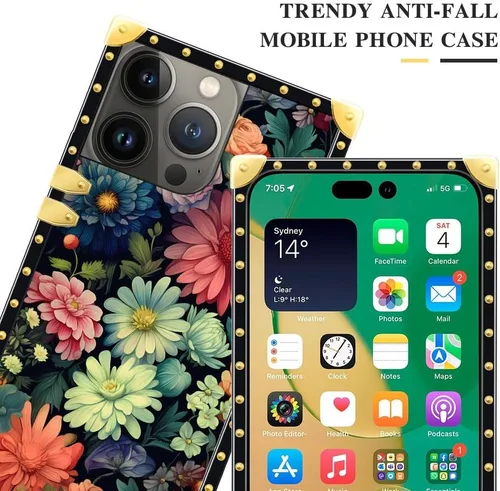 Vista 2 de DAIZAG Funda compatible con iPhone 14 Pro Max, diseño de flores brillantes, decoración de metal de lujo, TPU suave, a prueba de golpes, para iPhone