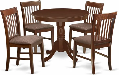 Vista 8 de East West Furniture ANNO3-MAH-C Juego de mesa y sillas de cocina de 3 piezas contiene una mesa de comedor redonda con pedestal y 2 sillas de comedor