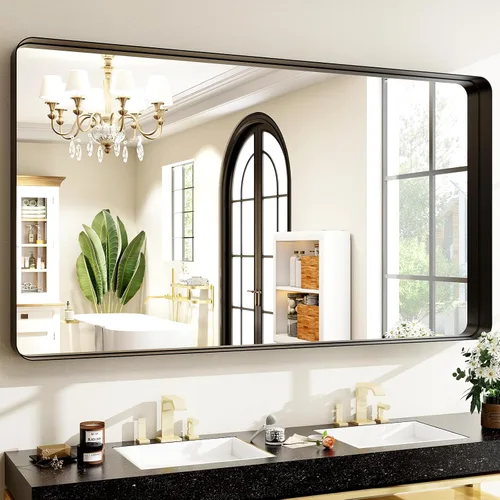 Vista 25 de Espejo de baño negro de 30"x22" - Espejo moderno para pared con esquinas redondeadas, espejos de baño para tocador, espejo enmarcado de aleación
