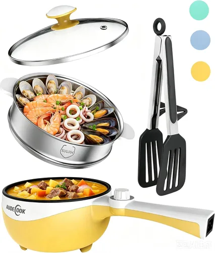 Vista 11 de Audecook Olla Caliente Eléctrica, Mini Sartén Eléctrica Portátil de 1.7L con Ajuste de Potencia, Sartén de Salteado Antiadherente para Ramen