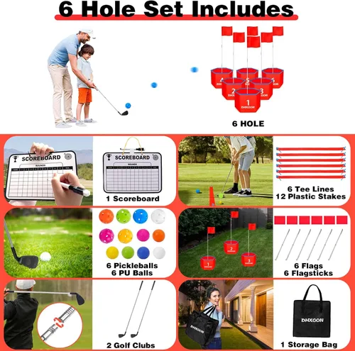 Vista 2 de Juego de golf para patio trasero con 2 palos, campo de golf portátil de 6 agujeros, juego de astillado de golf al aire libre para familias