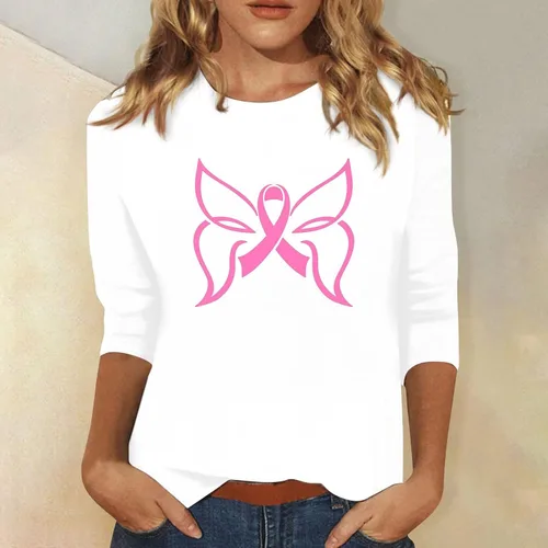 Vista 2 de Camisas de concientización sobre el cáncer de mama para mujer, ajuste holgado, con cinta rosa, casual, manga 34, cuello redondo
