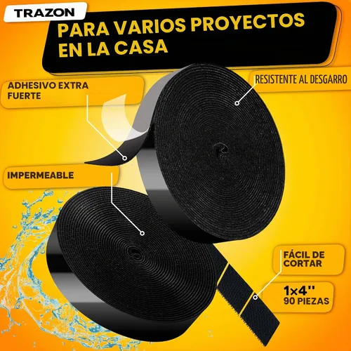 Vista 2 de Rollo de cinta de velcro con adhesivo resistente, resistencia industrial, fácil de cortar, tiras de gancho y bucle fuertes con parte trasera Negro