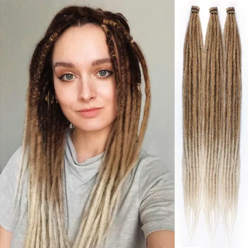 Vista 58 de Extensiones de rastas trenzadas bohemias de 24 pulgadas, 10 hebras de rastas sintéticas rizadas color marrón degradado con trenza de caja, rastas