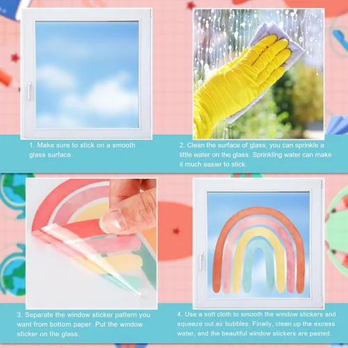 Vista 3 de AnyDesign 9 hojas de calcomanías de ventana de arco iris bohemio que se adhiere a la escuela, corazón, sol, estrella, doble cara, calcomanías