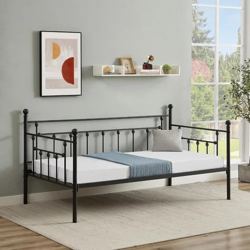 Vista 5 de VECELO - Marco de sofá cama de tamaño individual con soporte de listones de acero, cabecero, plataforma de cama para sala de estar, habitación
