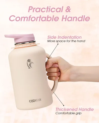 Vista 2 de Coolflask - Botella de agua aislada de 64 onzas, jarra de agua de medio galón con asa, popote de acero inoxidable, doble pared, de metal al vacío