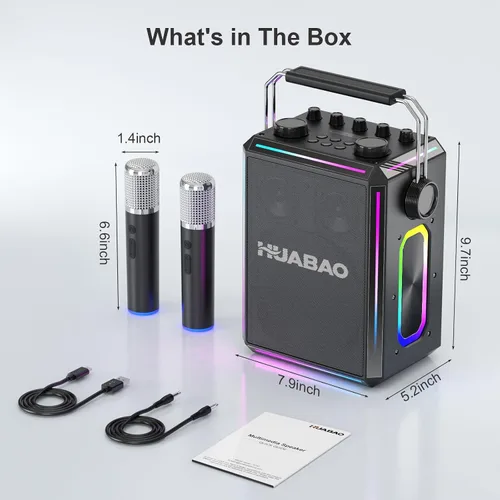 Vista 9 de Altavoz portátil de karaoke Bluetooth con 2 micrófonos inalámbricos, luces RGB, ajuste de agudos y graves, efectos de voz, entrada Negro